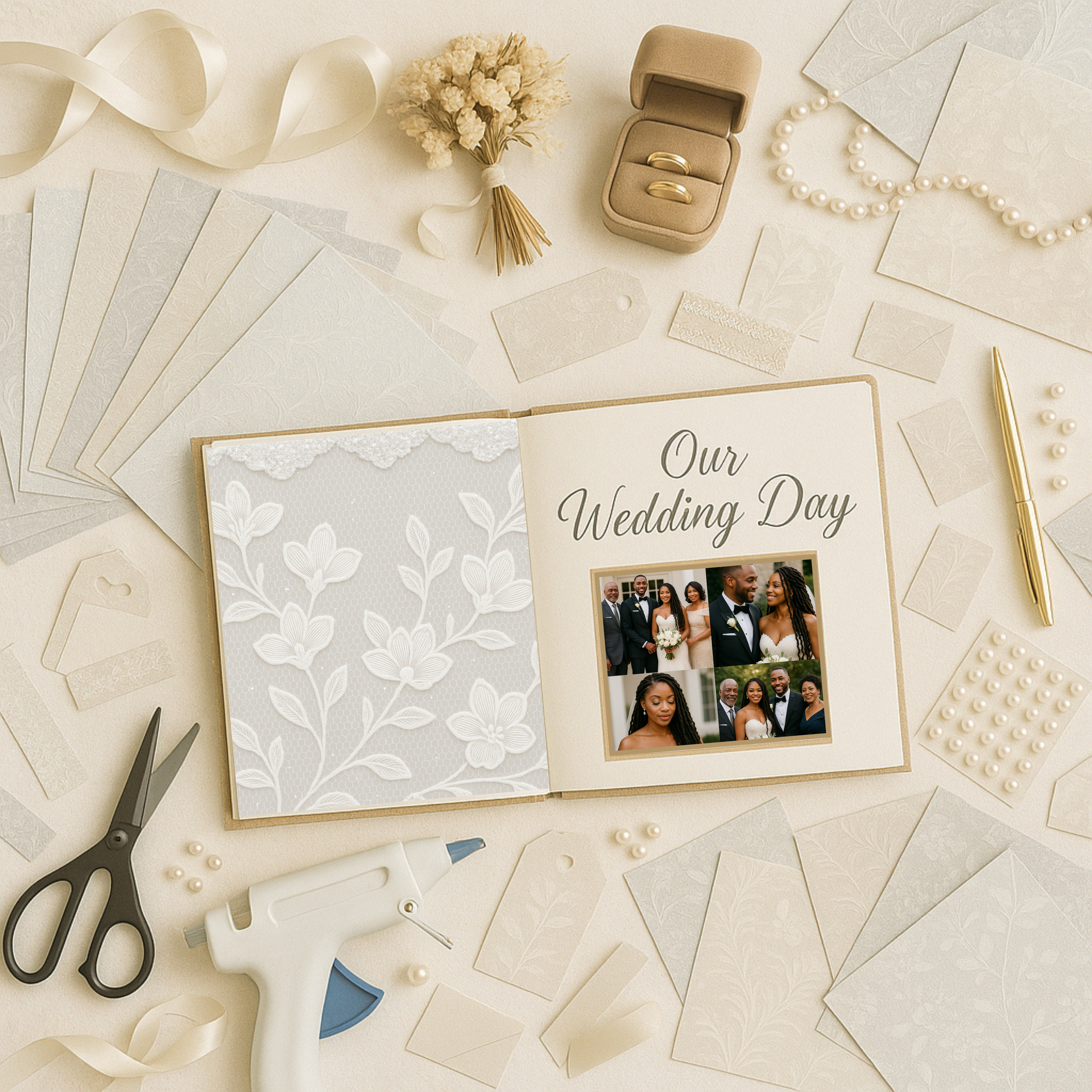 Wedding scrapbook made with soft lace digital papers